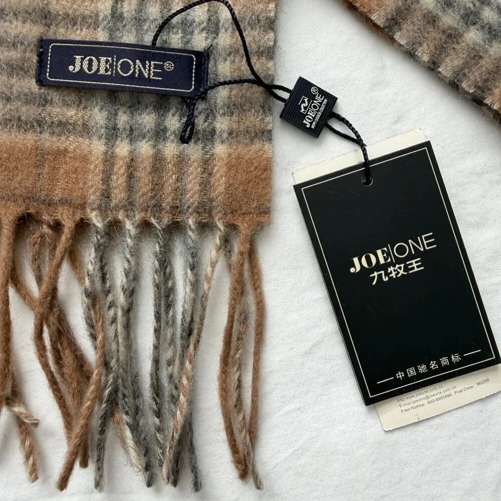 NWT JOE ONE 100% Cashmere Tan Gray Plaid Scarf